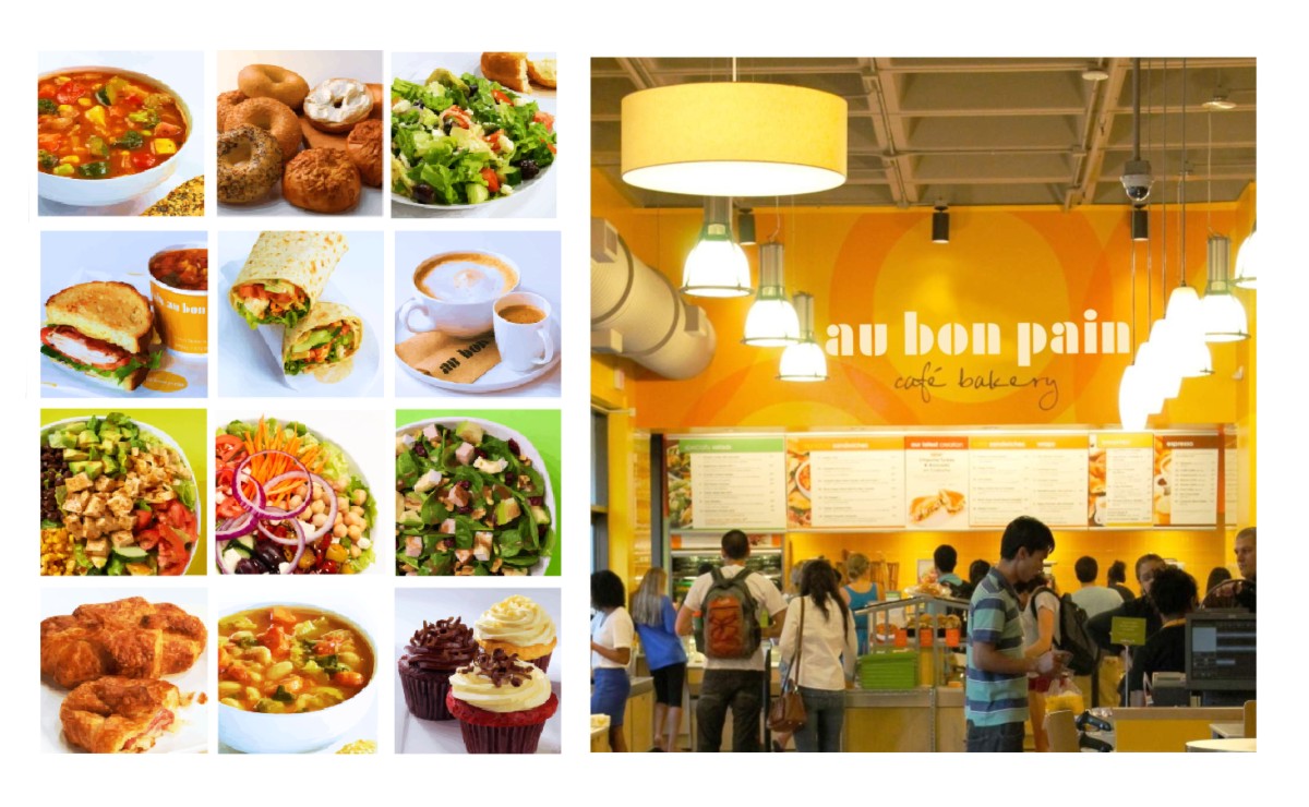 A mosaic image of one of the graphics systems used in Au Bon Pain installations as well as an image of an Au Bon Pain site with the graphics.